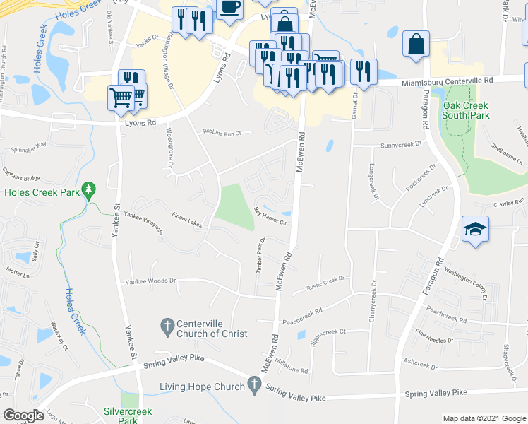 map of restaurants, bars, coffee shops, grocery stores, and more near 1175 Bay Harbour Circle in Dayton