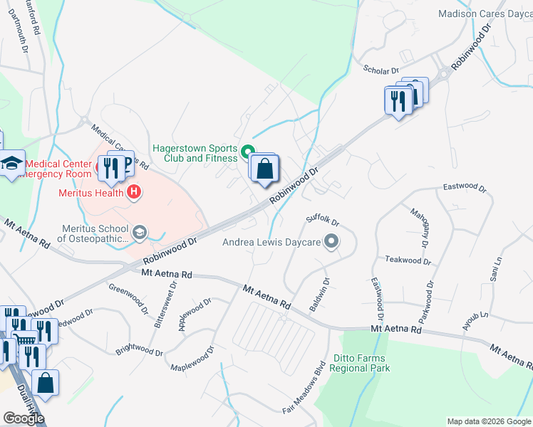 map of restaurants, bars, coffee shops, grocery stores, and more near Jade Court in Hagerstown