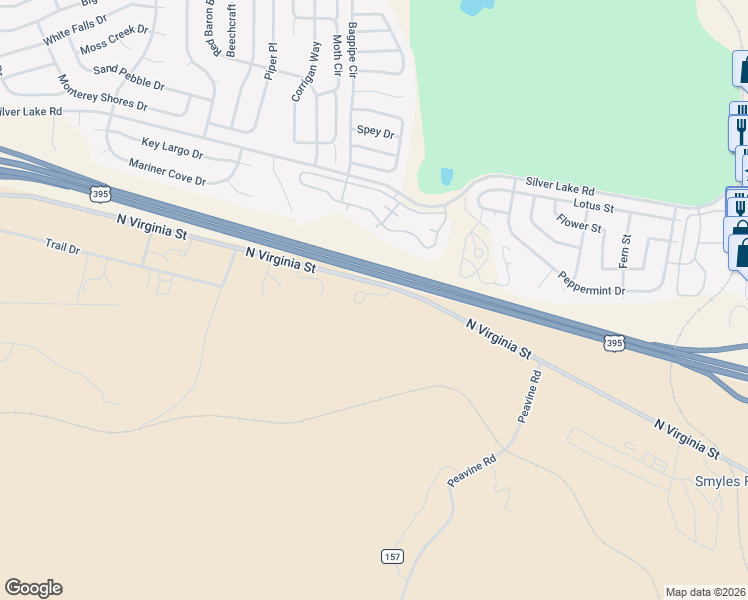 map of restaurants, bars, coffee shops, grocery stores, and more near 9906 North Virginia Street in Reno