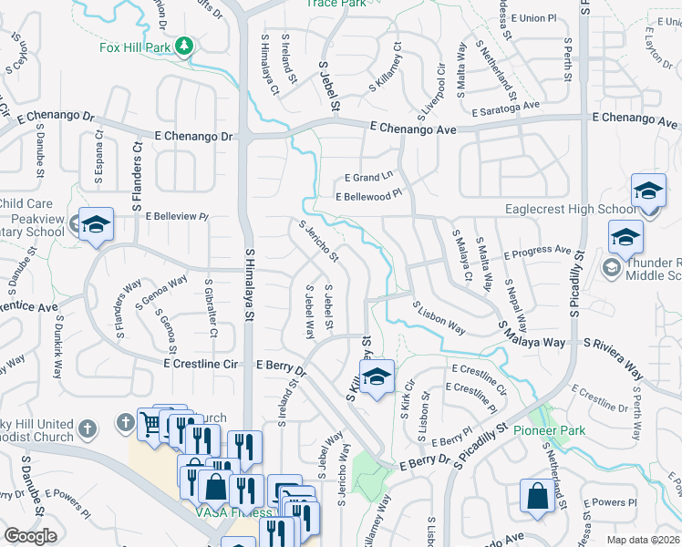 map of restaurants, bars, coffee shops, grocery stores, and more near 5273 South Jericho Street in Centennial