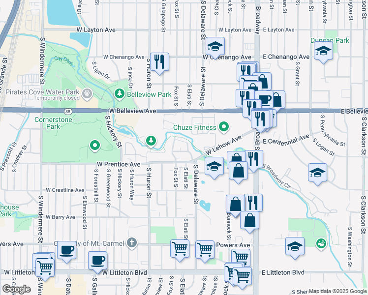 map of restaurants, bars, coffee shops, grocery stores, and more near 481 West Prentice Avenue in Littleton