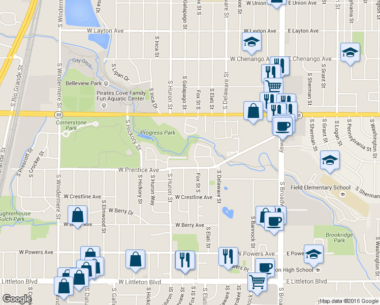 map of restaurants, bars, coffee shops, grocery stores, and more near 621 West Prentice Avenue in Englewood