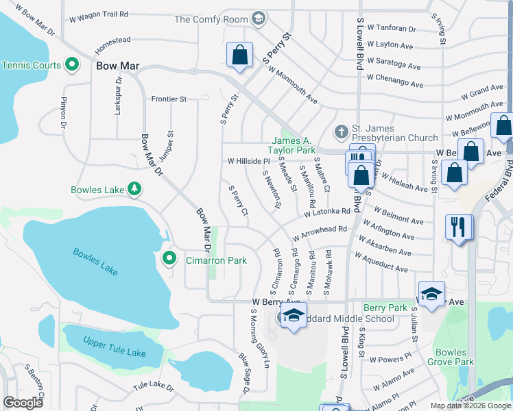 map of restaurants, bars, coffee shops, grocery stores, and more near 5295 South Perry Court in Littleton