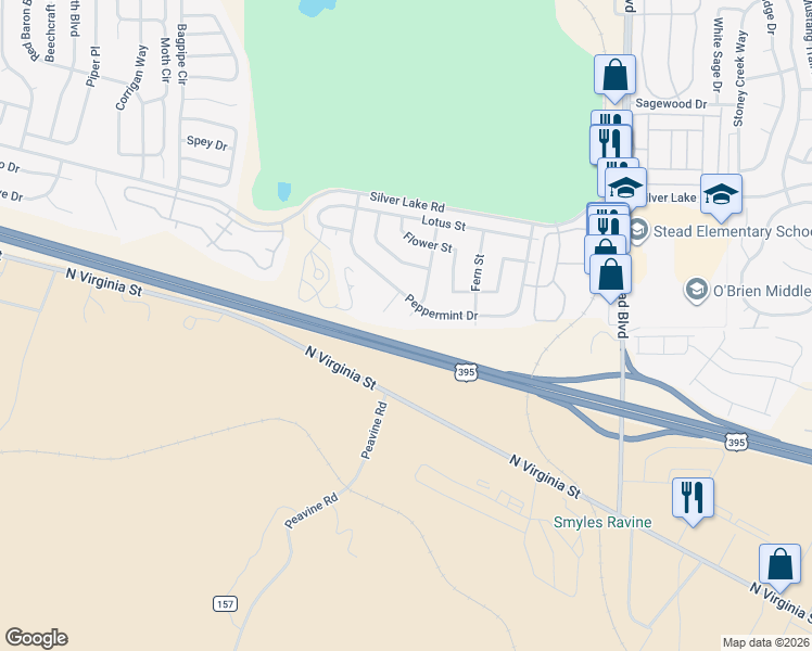 map of restaurants, bars, coffee shops, grocery stores, and more near 6760 Honeysuckle Court in Reno