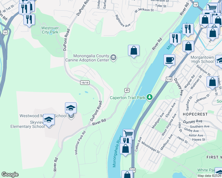 map of restaurants, bars, coffee shops, grocery stores, and more near 154 Birds Eye View Drive in Morgantown