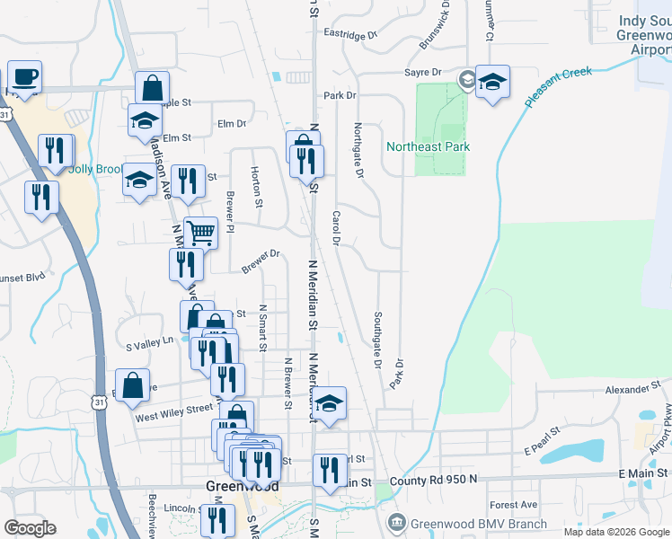 map of restaurants, bars, coffee shops, grocery stores, and more near 397 North Meridian Street in Greenwood
