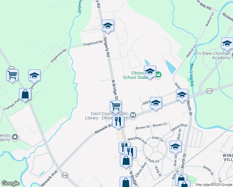 map of restaurants, bars, coffee shops, grocery stores, and more near 900 North Bridge Street in Elkton
