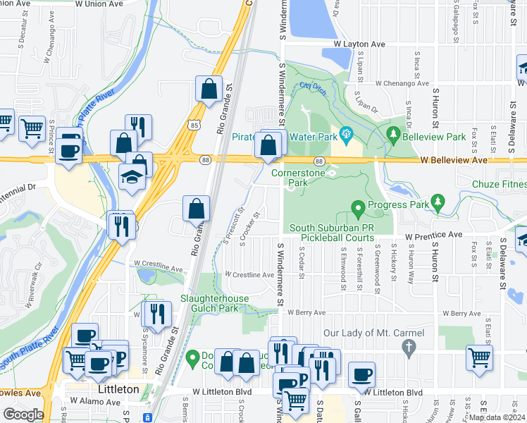 map of restaurants, bars, coffee shops, grocery stores, and more near 5256 South Crocker Street in Littleton