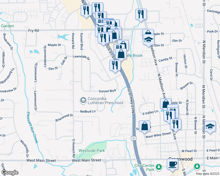 map of restaurants, bars, coffee shops, grocery stores, and more near 278 Sunset Boulevard in Greenwood