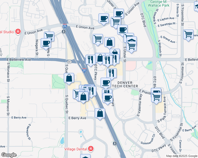 map of restaurants, bars, coffee shops, grocery stores, and more near 5275 DTC Parkway in Greenwood Village