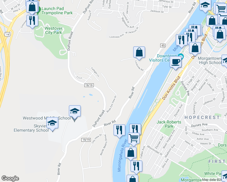 map of restaurants, bars, coffee shops, grocery stores, and more near 168 Bird's Eye View Drive in Morgantown
