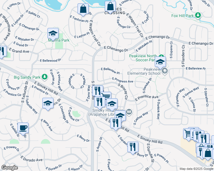 map of restaurants, bars, coffee shops, grocery stores, and more near 18655 East Progress Place in Centennial