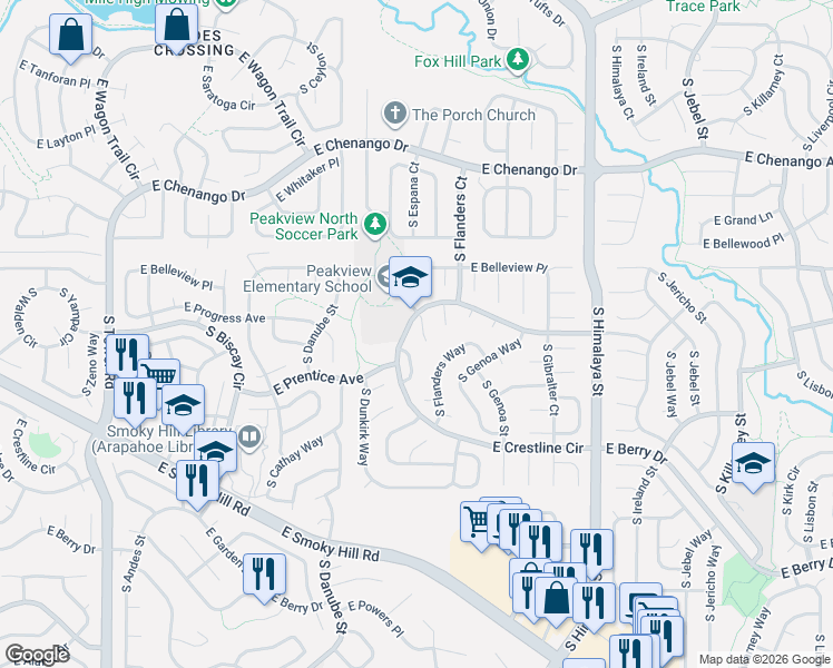 map of restaurants, bars, coffee shops, grocery stores, and more near 5227 South Espana Circle in Centennial