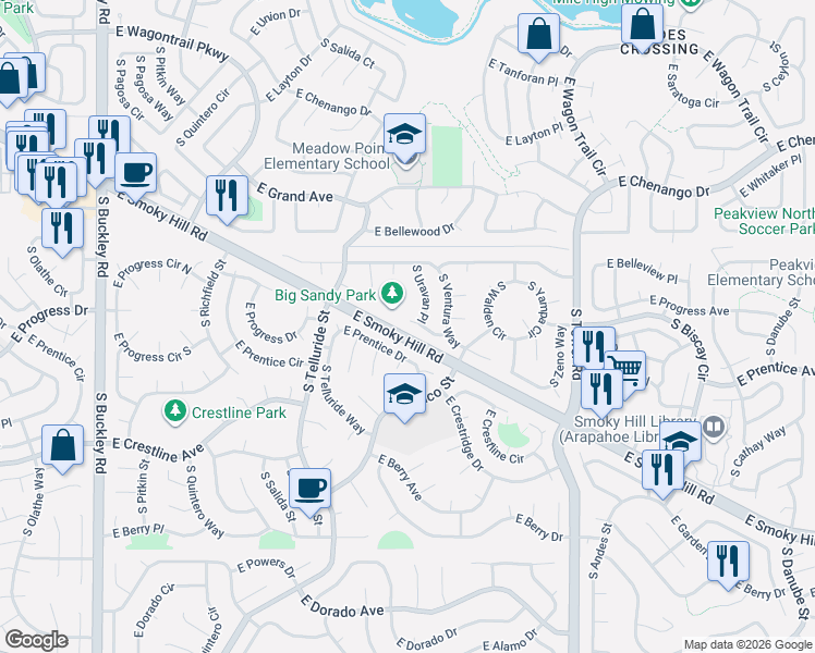 map of restaurants, bars, coffee shops, grocery stores, and more near 17915 East Prentice Drive in Centennial