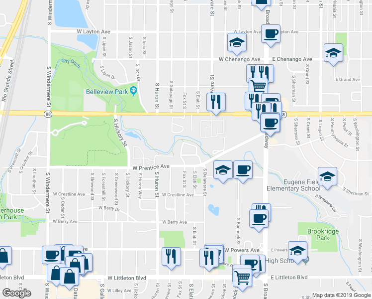 map of restaurants, bars, coffee shops, grocery stores, and more near 621 West Prentice Avenue in Englewood