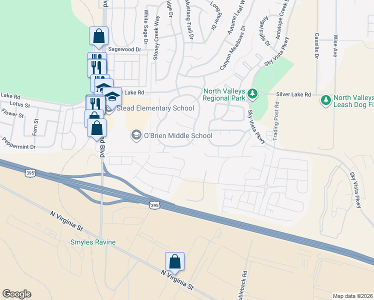 map of restaurants, bars, coffee shops, grocery stores, and more near 9724 Sea Glass Court in Reno
