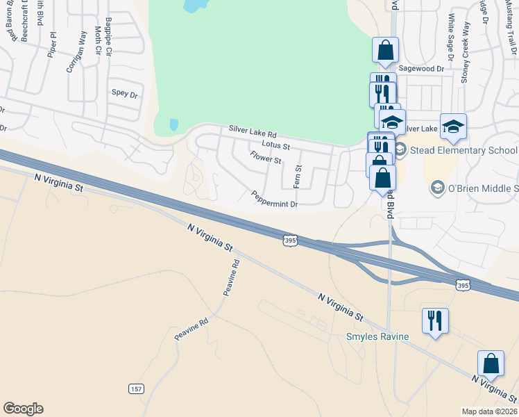 map of restaurants, bars, coffee shops, grocery stores, and more near 6760 Honeysuckle Court in Reno