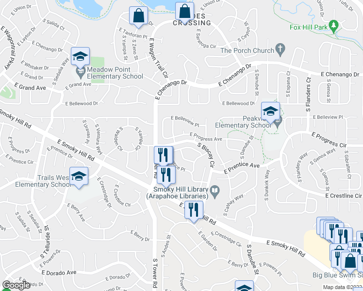 map of restaurants, bars, coffee shops, grocery stores, and more near 18685 East Progress Place in Aurora