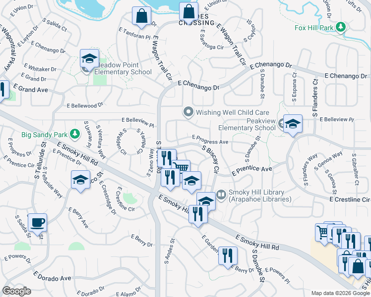 map of restaurants, bars, coffee shops, grocery stores, and more near 5237 South Bahama Circle in Centennial
