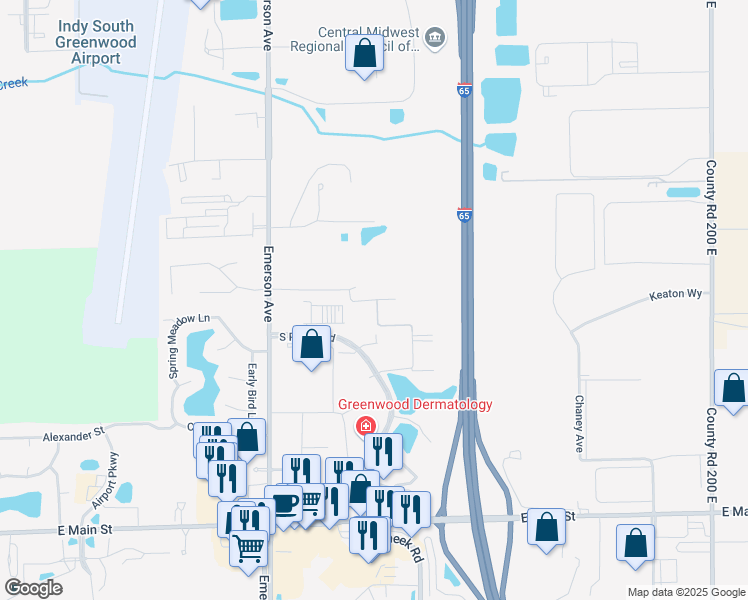 map of restaurants, bars, coffee shops, grocery stores, and more near Holey Moley Way in Greenwood