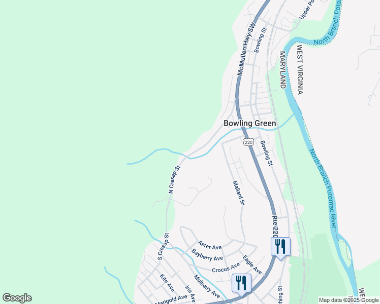 map of restaurants, bars, coffee shops, grocery stores, and more near 12713 North Cresap Street in Cumberland