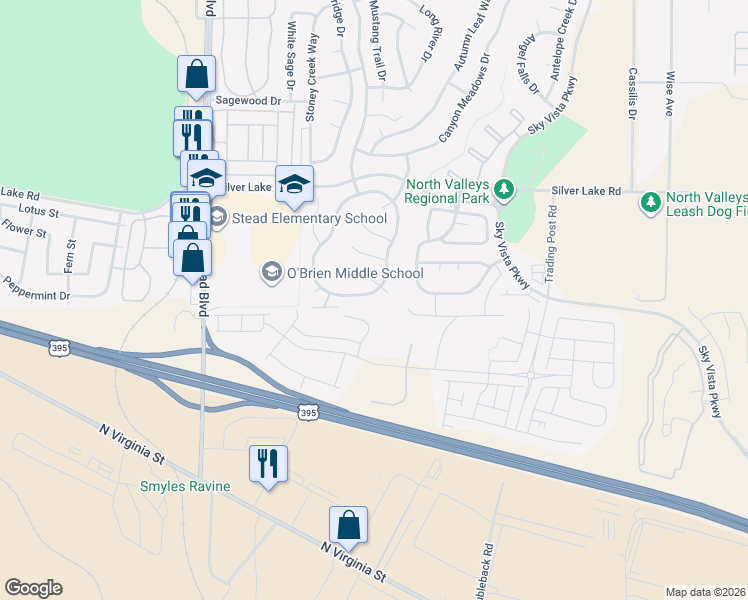map of restaurants, bars, coffee shops, grocery stores, and more near 9724 Sea Glass Court in Reno