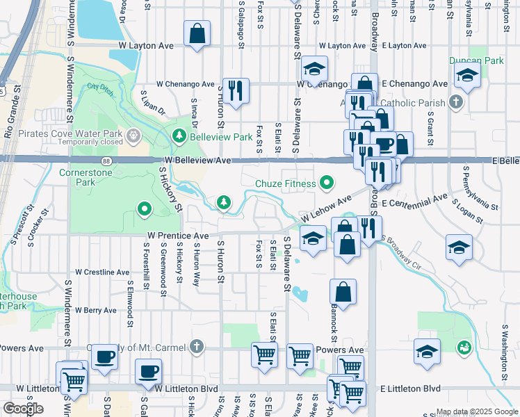 map of restaurants, bars, coffee shops, grocery stores, and more near 5228 Fox Street South in Littleton