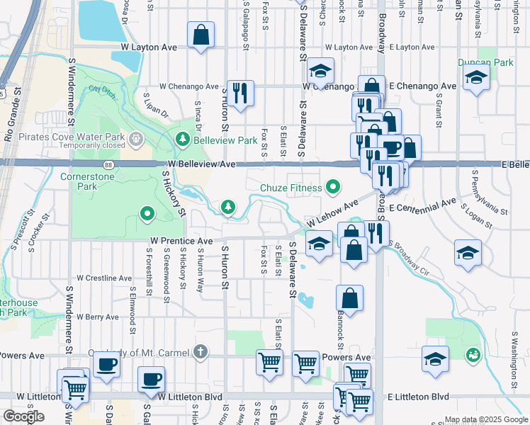 map of restaurants, bars, coffee shops, grocery stores, and more near 5228 Fox Street South in Englewood