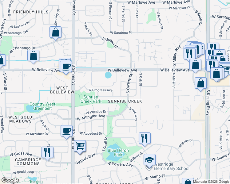 map of restaurants, bars, coffee shops, grocery stores, and more near 11147 West Progress Avenue in Littleton