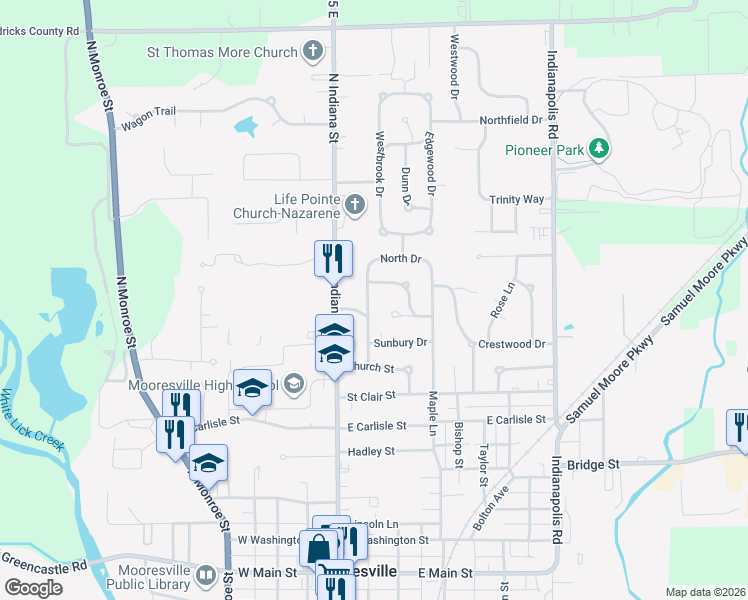 map of restaurants, bars, coffee shops, grocery stores, and more near 14 Sunset Manor in Mooresville