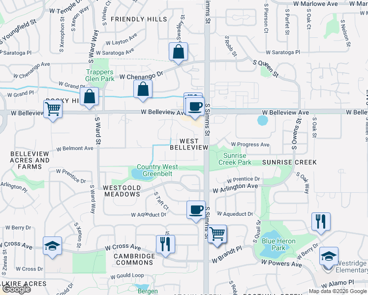 map of restaurants, bars, coffee shops, grocery stores, and more near 11741 West Belmont Place in Littleton
