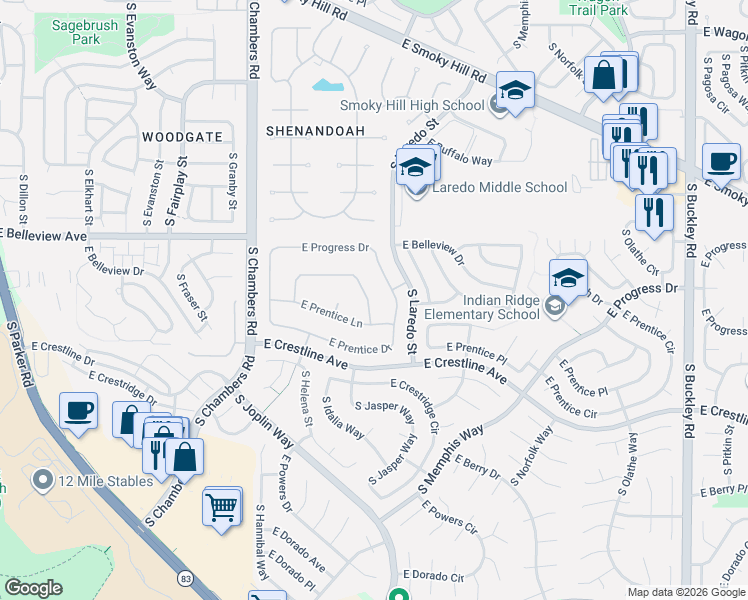 map of restaurants, bars, coffee shops, grocery stores, and more near 15752 East Progress Drive in Centennial