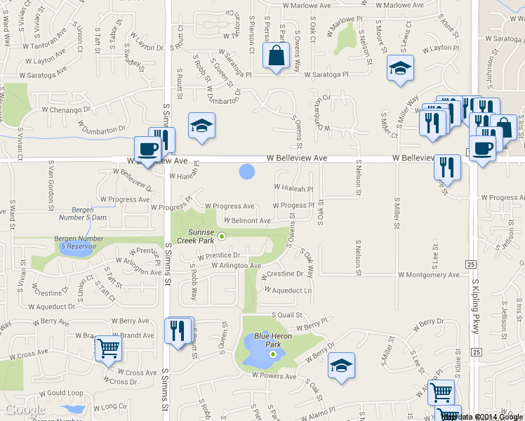 map of restaurants, bars, coffee shops, grocery stores, and more near 11207 West Progress Avenue in Littleton