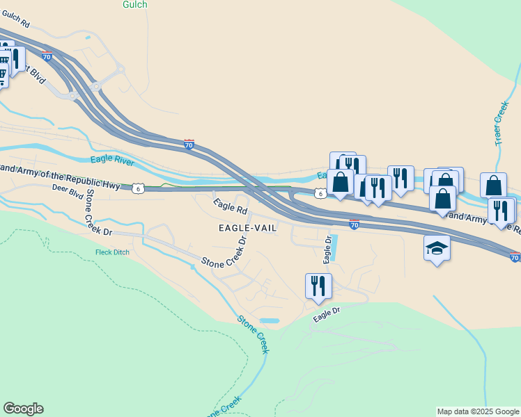 map of restaurants, bars, coffee shops, grocery stores, and more near 211 Eagle Road in Vail