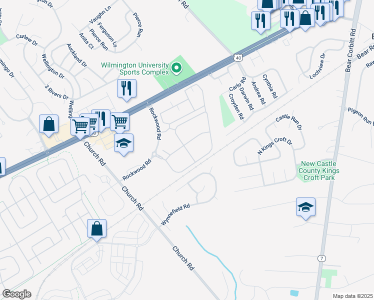 map of restaurants, bars, coffee shops, grocery stores, and more near 5600 Vicky Drive in Newark