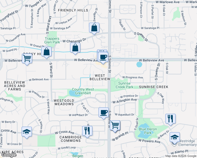 map of restaurants, bars, coffee shops, grocery stores, and more near 11741 West Belmont Place in Littleton
