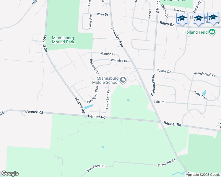 map of restaurants, bars, coffee shops, grocery stores, and more near 1282 Emily Beth Drive in Miamisburg
