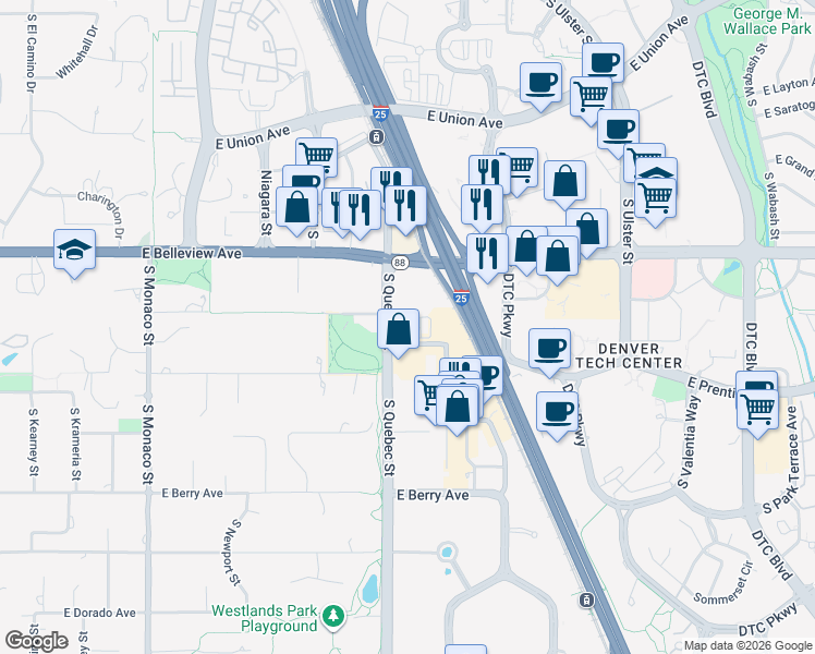 map of restaurants, bars, coffee shops, grocery stores, and more near 5150 South Quebec Street in Greenwood Village