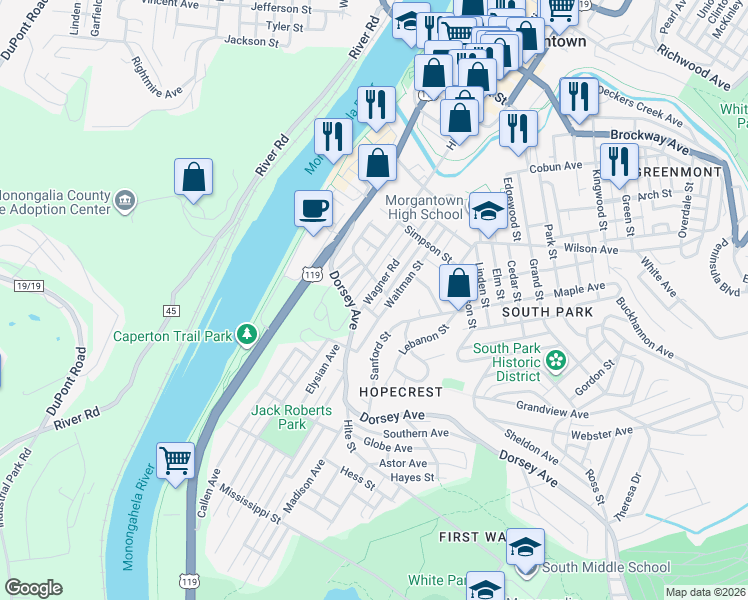 map of restaurants, bars, coffee shops, grocery stores, and more near 331 South High Street in Morgantown