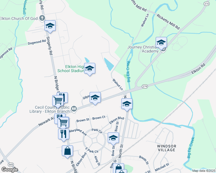 map of restaurants, bars, coffee shops, grocery stores, and more near 105 Gilpin Avenue in Elkton