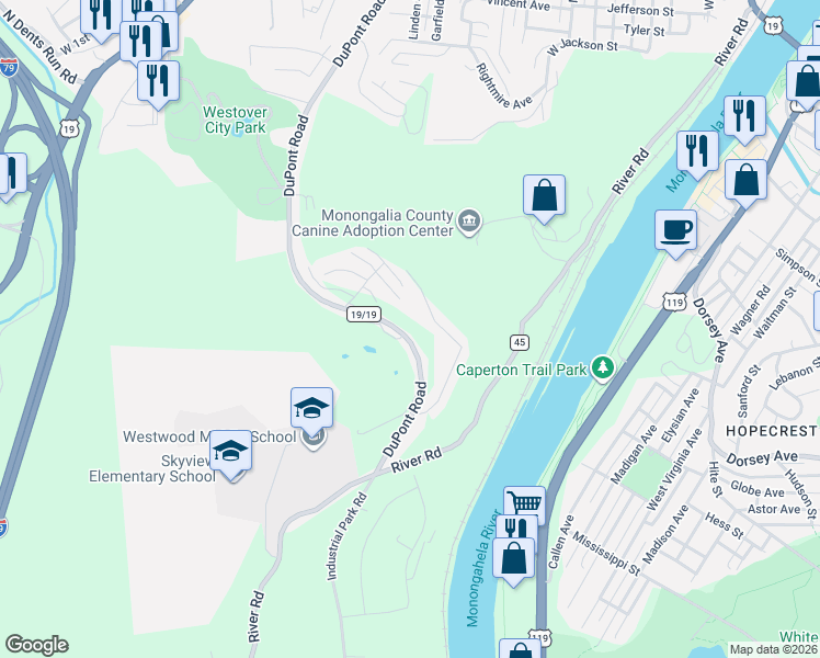 map of restaurants, bars, coffee shops, grocery stores, and more near 223 Birds Eye View Drive in Morgantown