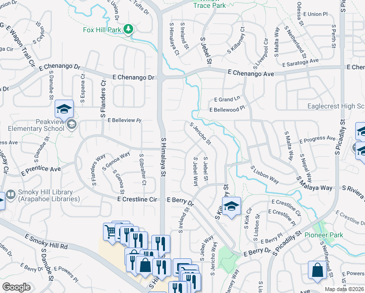 map of restaurants, bars, coffee shops, grocery stores, and more near 20259 East Red Fox Lane in Centennial