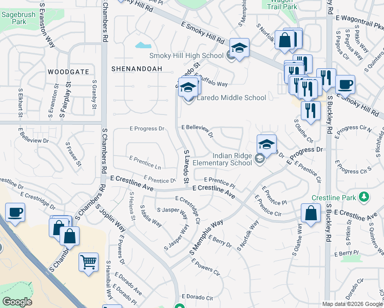 map of restaurants, bars, coffee shops, grocery stores, and more near 5151 South Laredo Court in Centennial