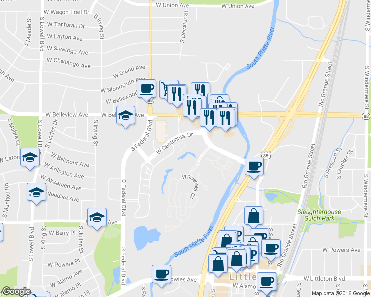 map of restaurants, bars, coffee shops, grocery stores, and more near 2806 West Centennial Drive in Littleton