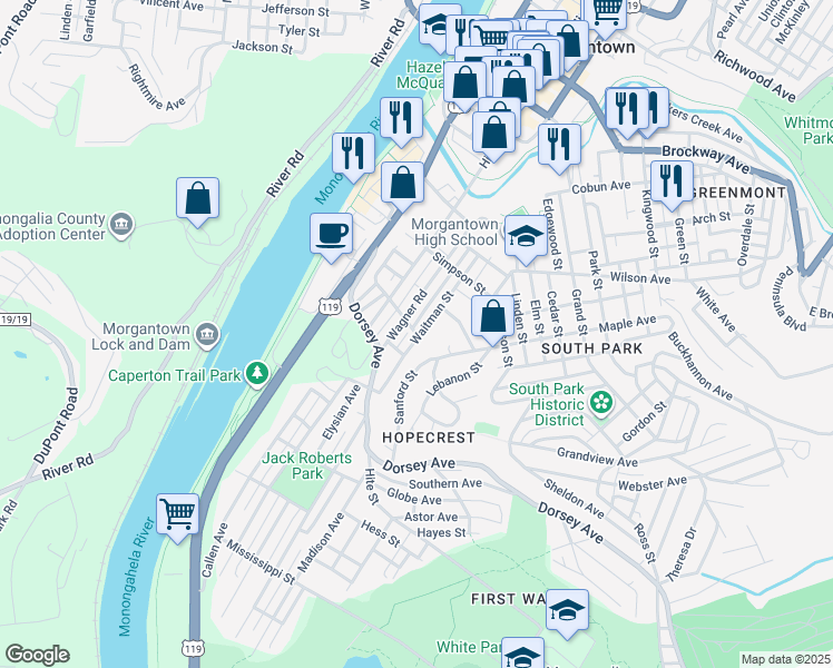 map of restaurants, bars, coffee shops, grocery stores, and more near 248 Waitman Street in Morgantown