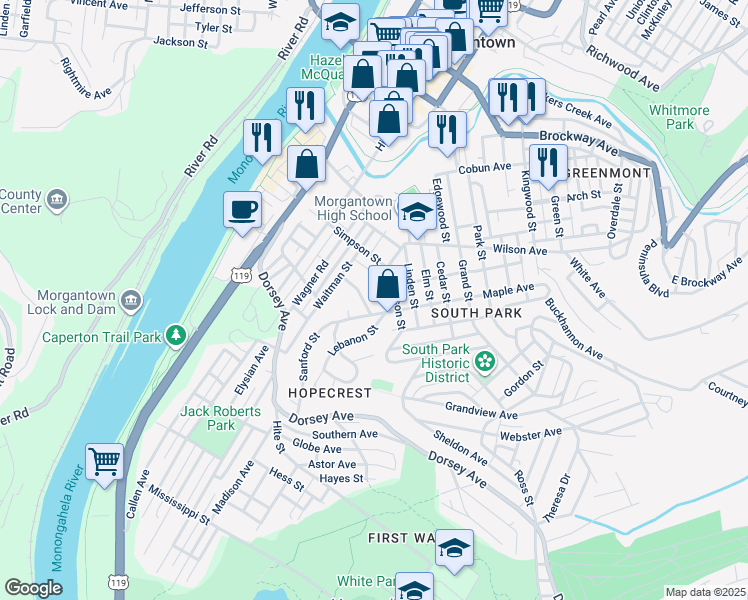 map of restaurants, bars, coffee shops, grocery stores, and more near 25 Wilson Avenue in Morgantown