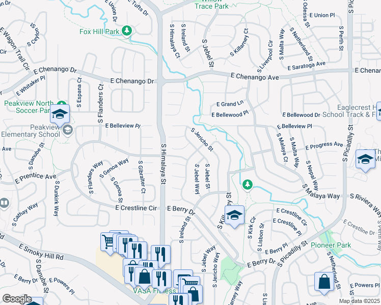 map of restaurants, bars, coffee shops, grocery stores, and more near 5177 South Jericho Street in Centennial