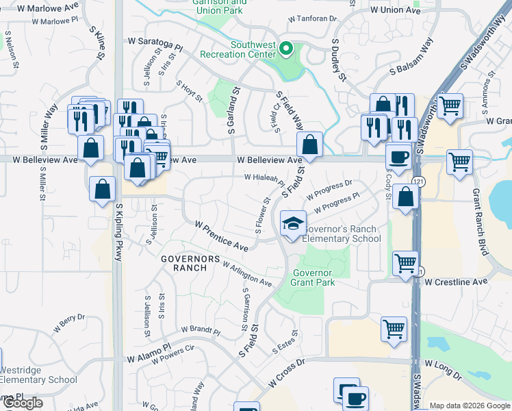 map of restaurants, bars, coffee shops, grocery stores, and more near 9193 West Progress Avenue in Littleton