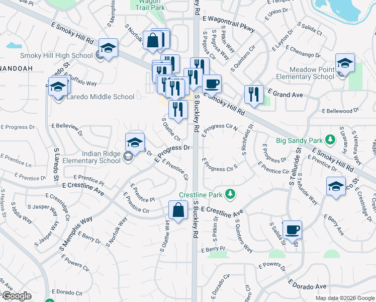 map of restaurants, bars, coffee shops, grocery stores, and more near in Centennial