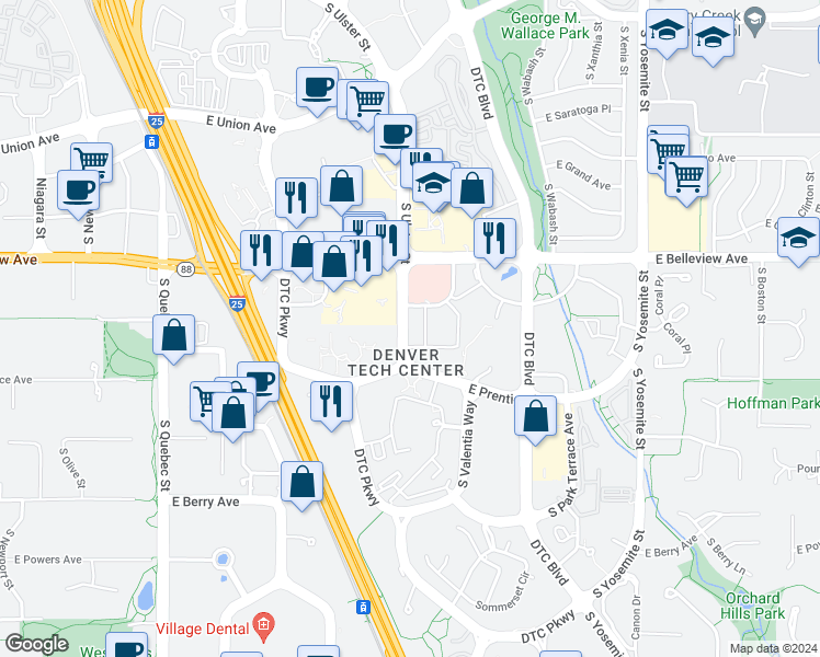 map of restaurants, bars, coffee shops, grocery stores, and more near 5220 South Ulster Street in Greenwood Village